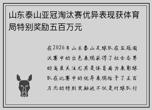 山东泰山亚冠淘汰赛优异表现获体育局特别奖励五百万元